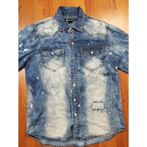 Rocawear  vintage 90s Denim  design Shirt Bleached Spatters large button down - Picture 2 of 10